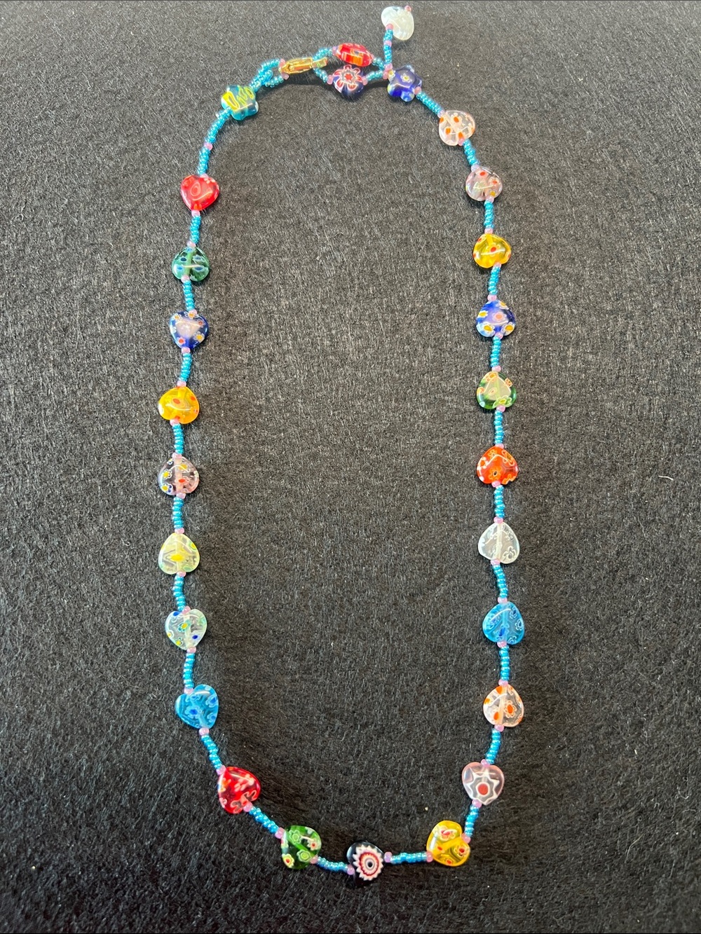 Multicolor Heart Glass Bead Necklace - Blue Accent